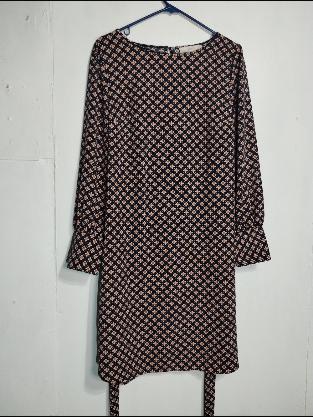 LOFT Navy Blue Shift Dress with Pink Geometric Print